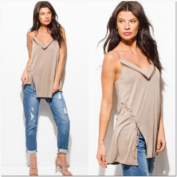 NWOT Mocha V-Neck Hoop Embellished Lace-Up Top - Picture 2 of 5